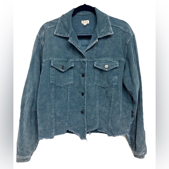 POL Jackets & Blazers - POL Blue Button Down Corduroy Trucker Jacket with Raw Hem Teal, Size Medium